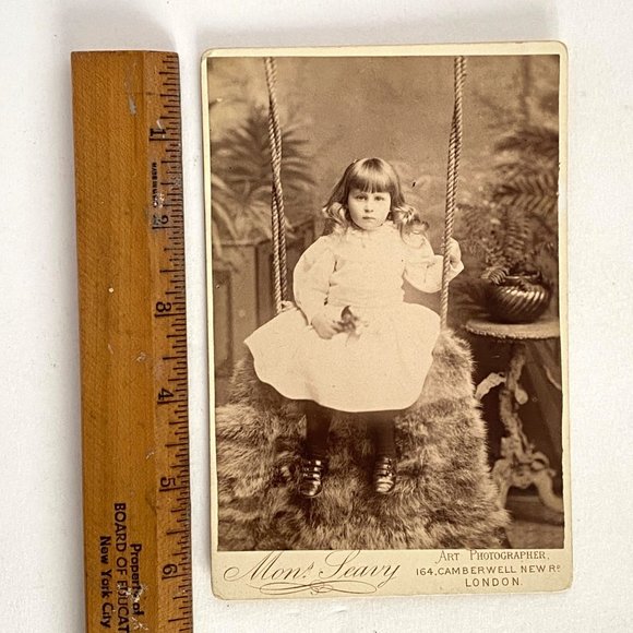 c1880 Ornate Cabinet Card Young Girl Swing Portrait Charles Seavy London England - Picture 6 of 7